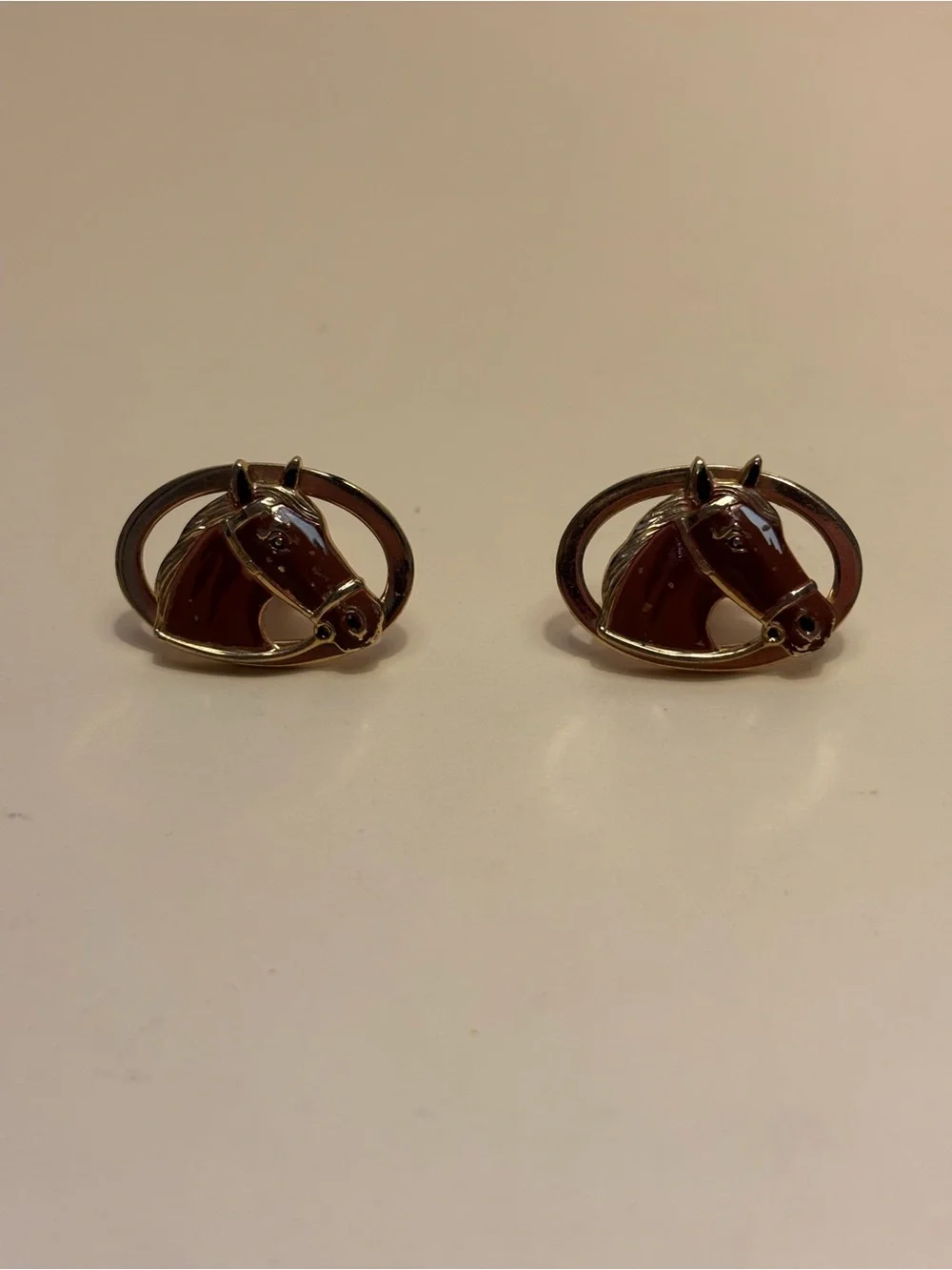 Vintage Anson Gold-Tone Brown Horse Head Cuff Links 1-1/8”